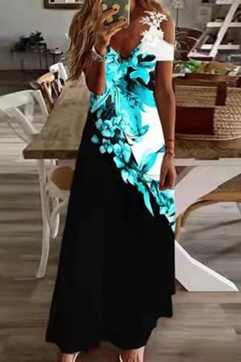 Women's floral cold-shoulder maxi dress with v-neck