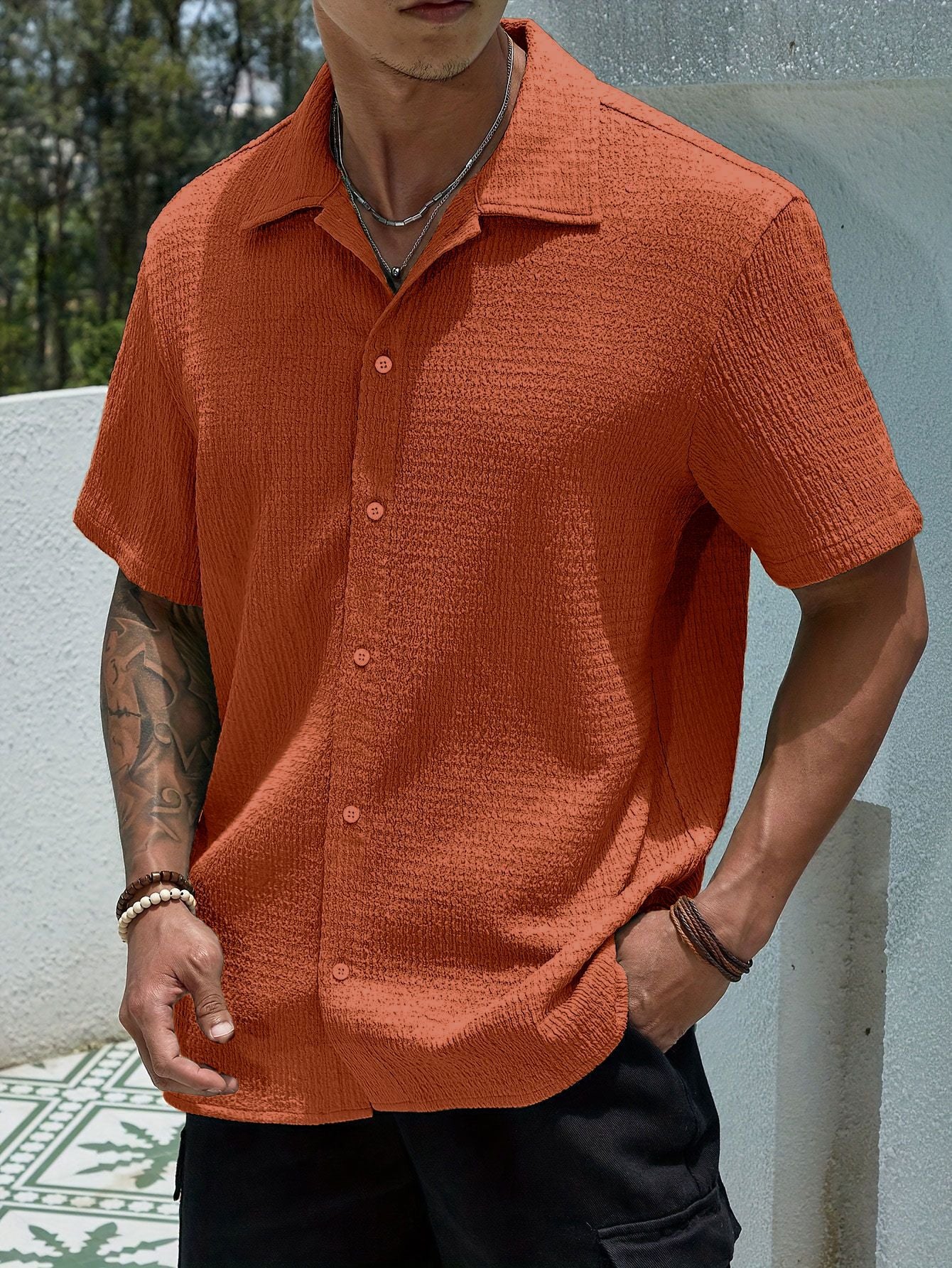 Men's beige semi-sheer short-sleeve summer shirt