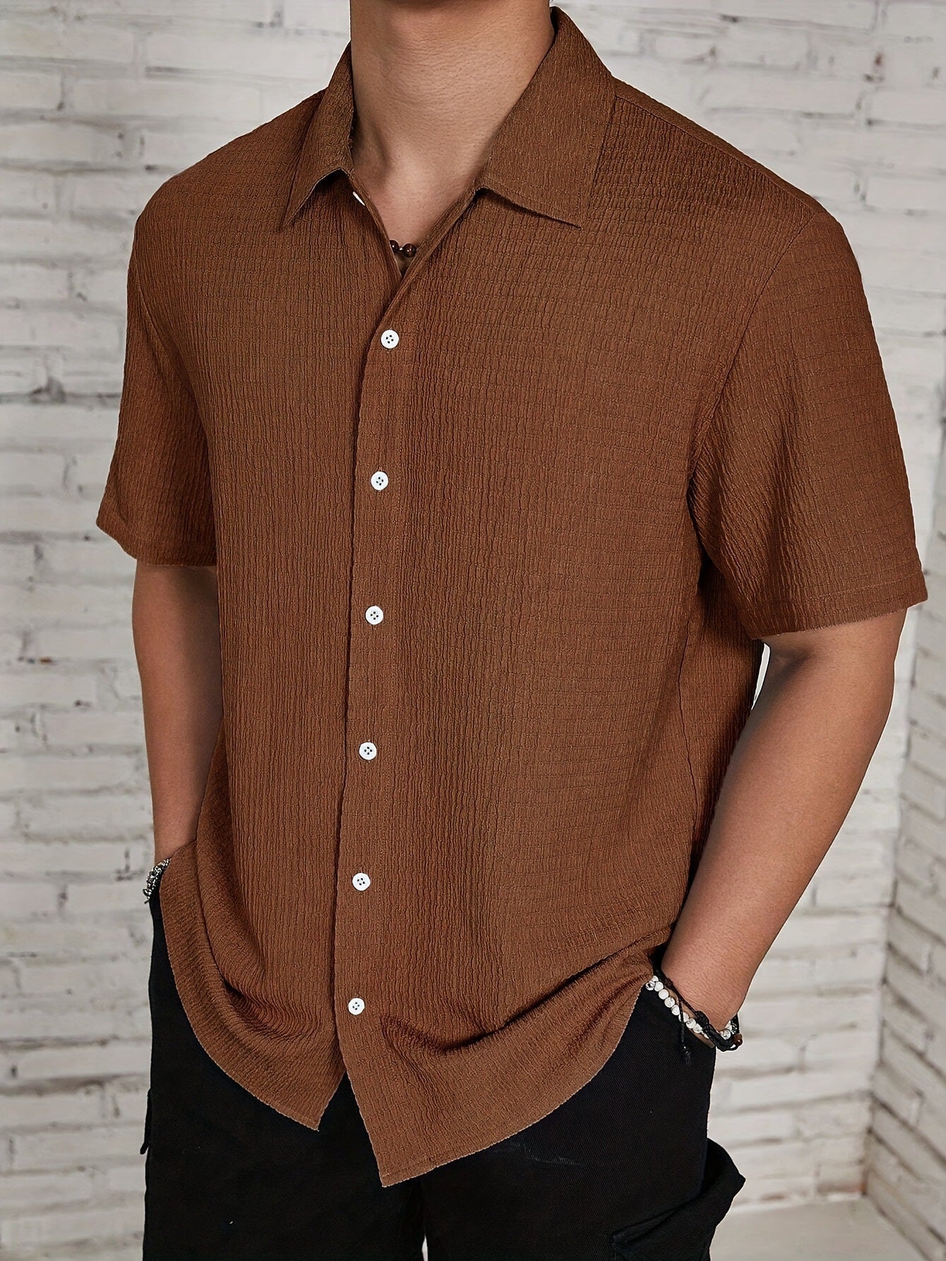 Men's beige semi-sheer short-sleeve summer shirt