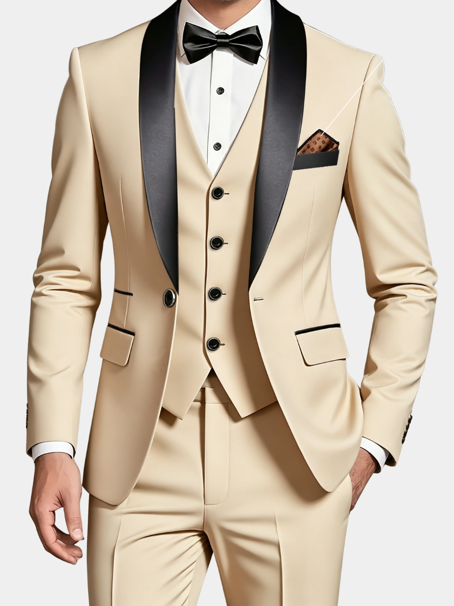 Men's beige three-piece shawl collar suit