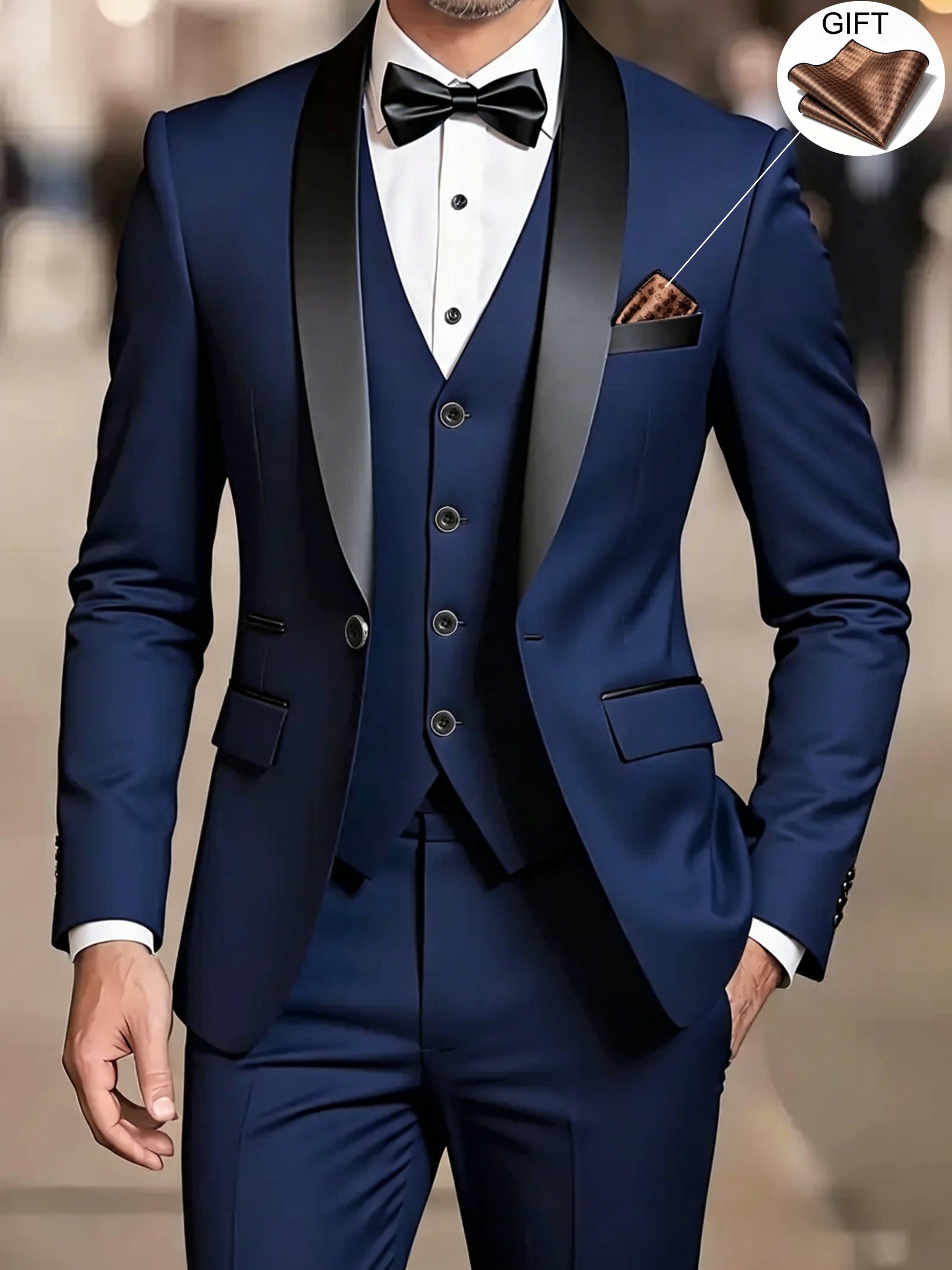 Men's beige three-piece shawl collar suit