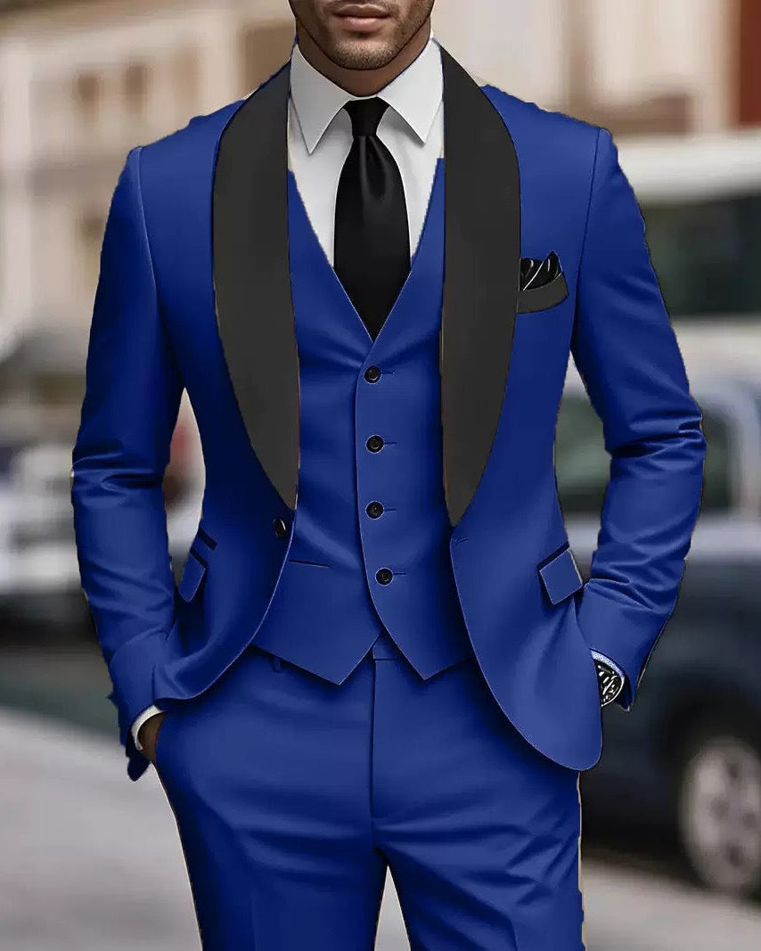 Men's beige three-piece shawl collar suit