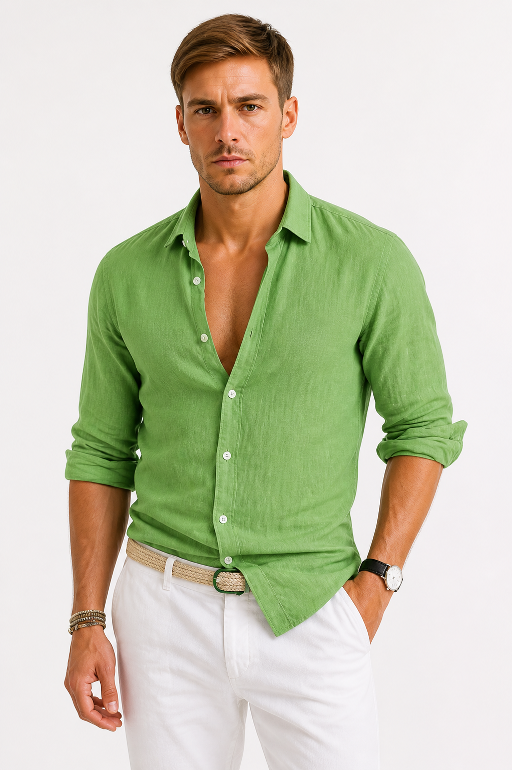 Men's beige slim fit long-sleeve cotton shirt