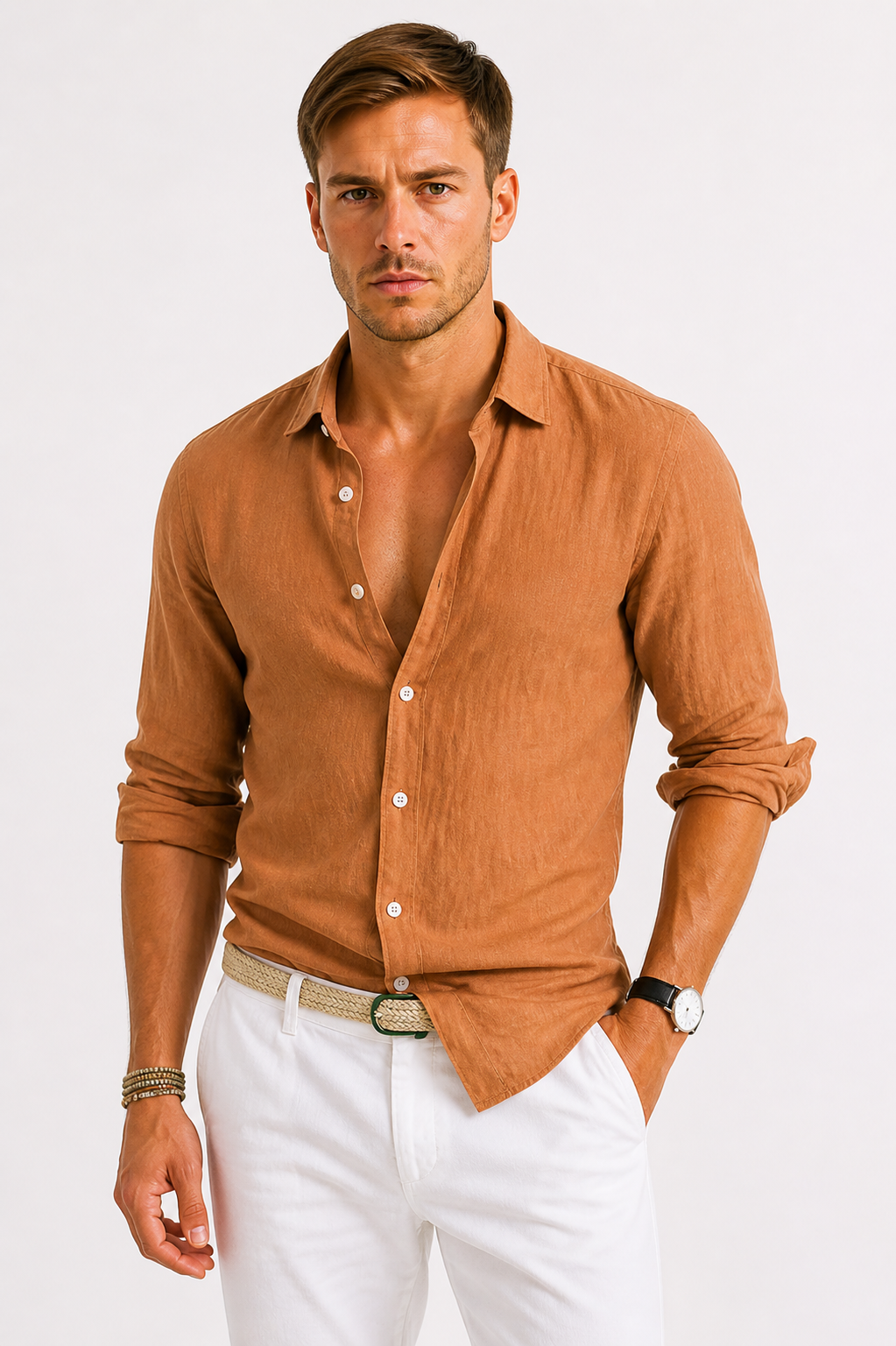 Men's beige slim fit long-sleeve cotton shirt