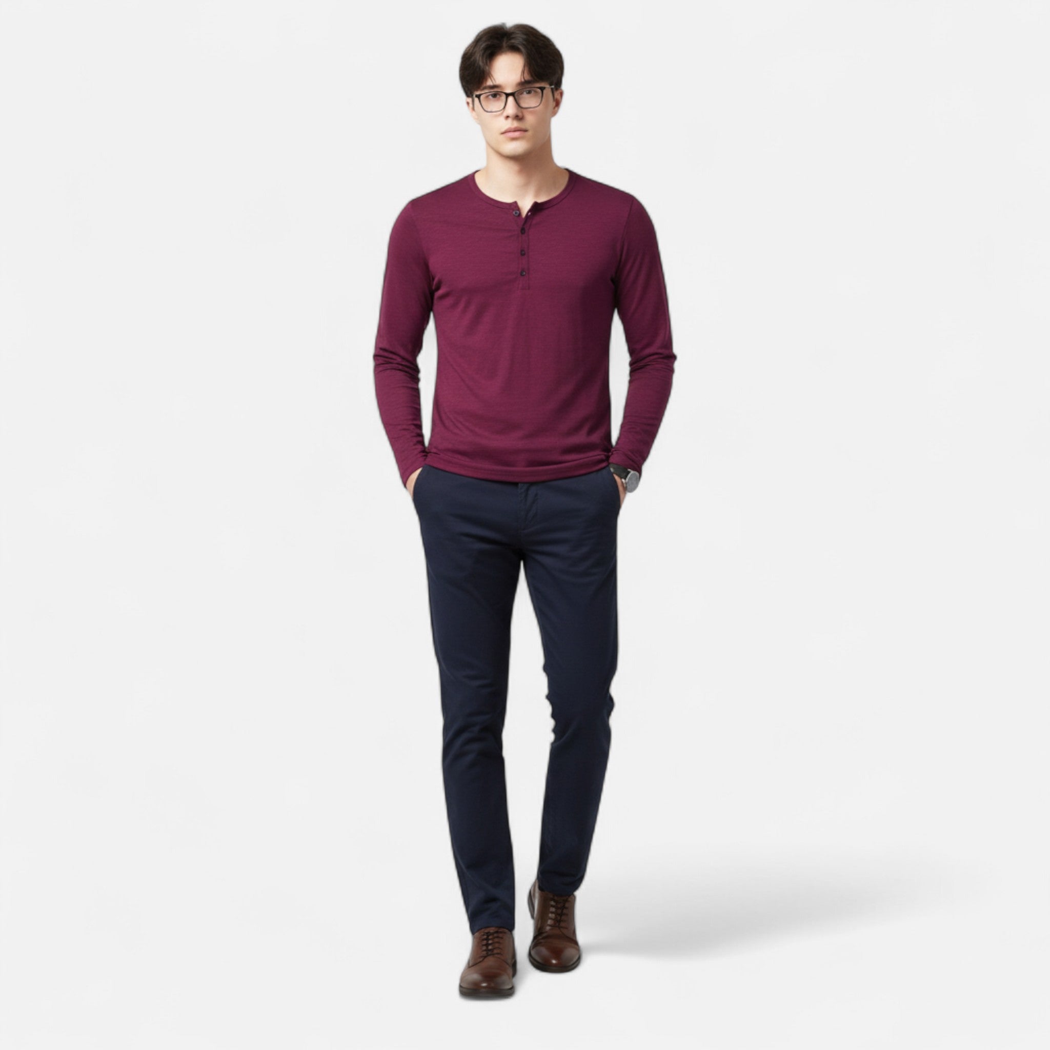 Men's purple slim fit long-sleeve henley shirt