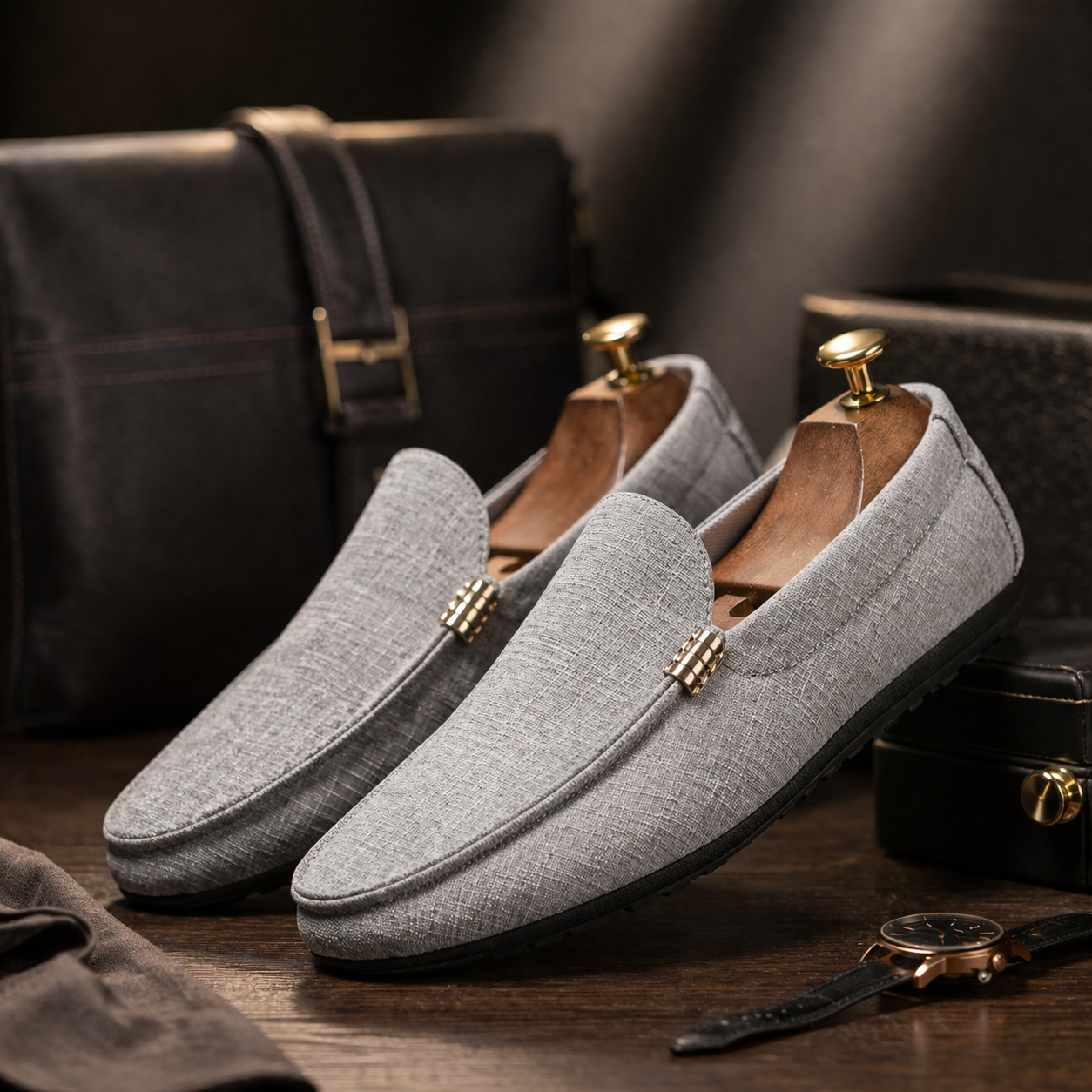 Men's grey slip-on canvas loafer shoes