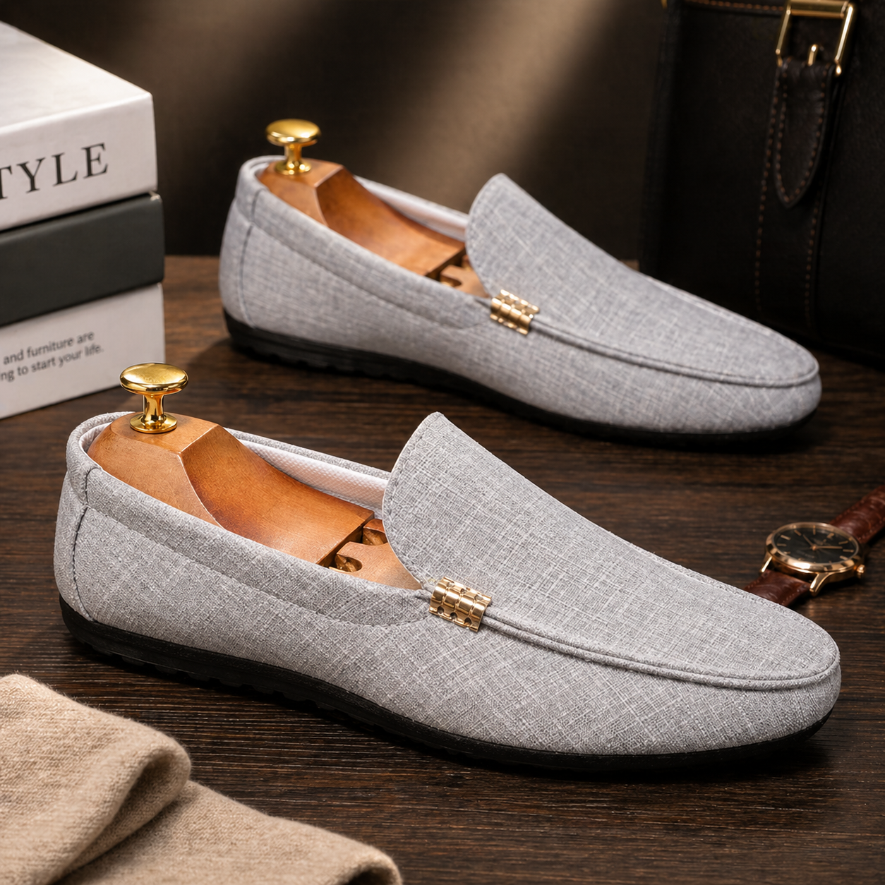Men's grey slip-on canvas loafer shoes