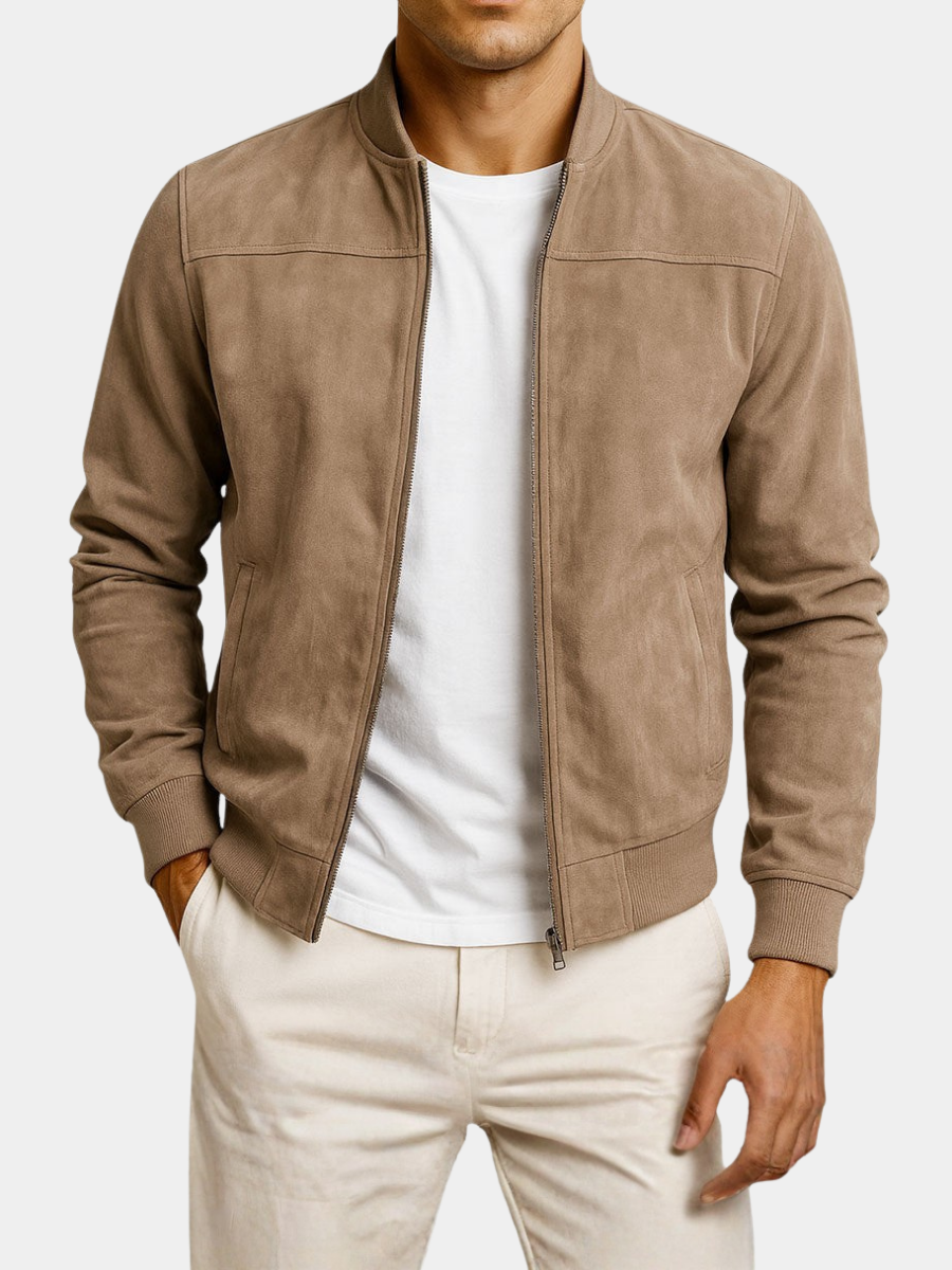 Men's brown faux suede trucker jacket with a structured shoulder silhouette