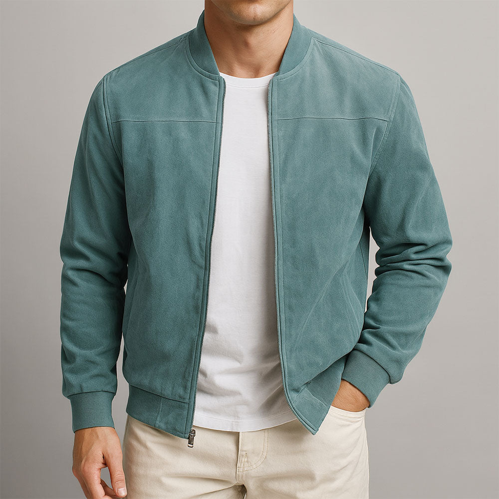 Men's brown faux suede trucker jacket with a structured shoulder silhouette