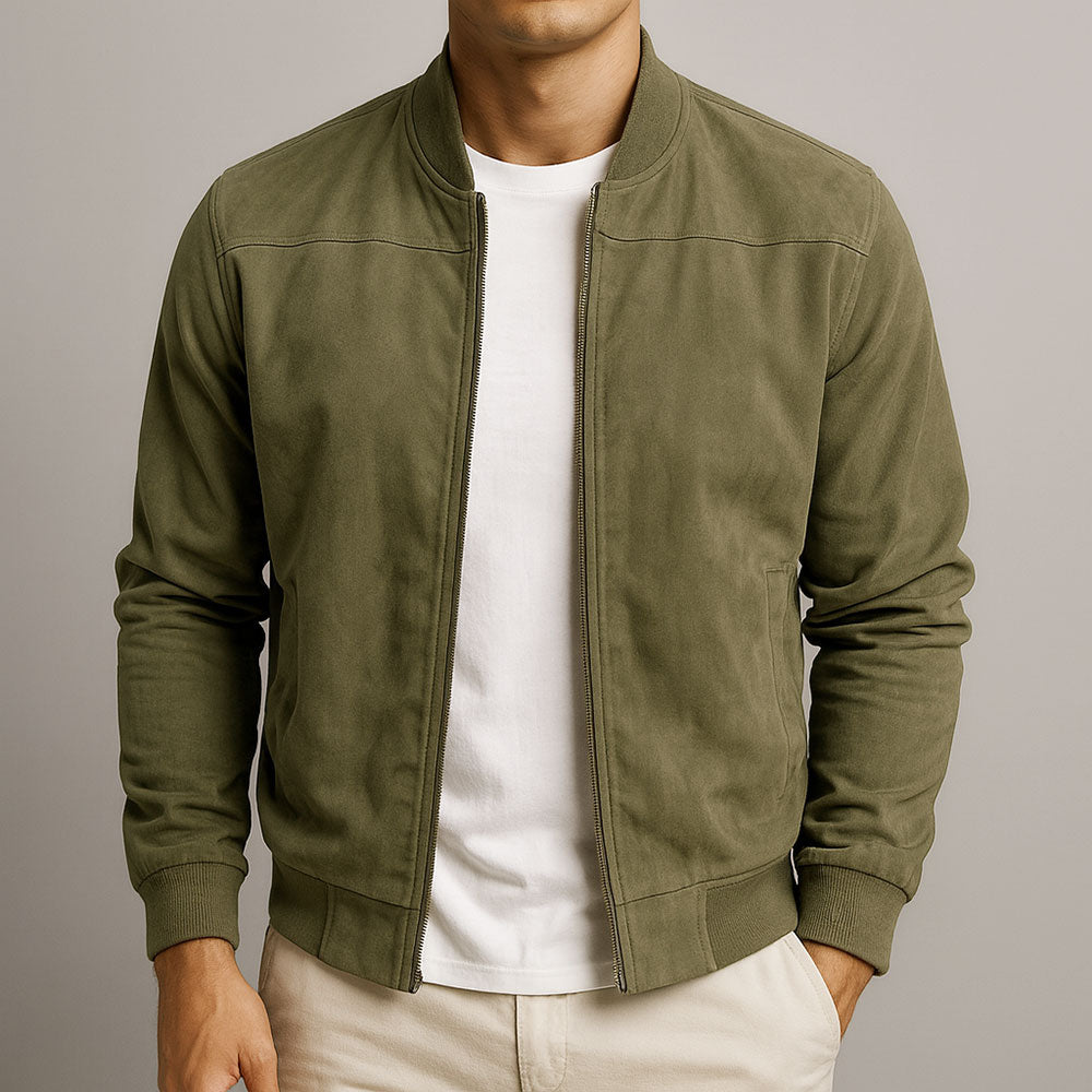Men's brown faux suede trucker jacket with a structured shoulder silhouette