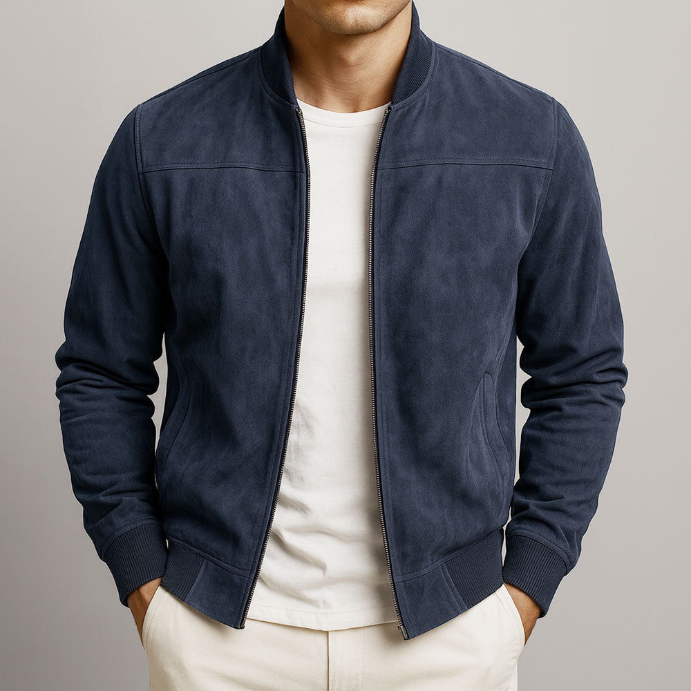 Men's brown faux suede trucker jacket with a structured shoulder silhouette