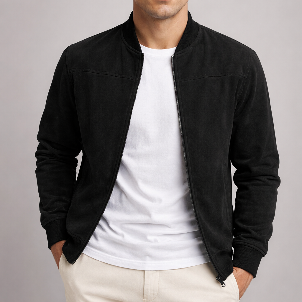 Men's brown faux suede trucker jacket with a structured shoulder silhouette