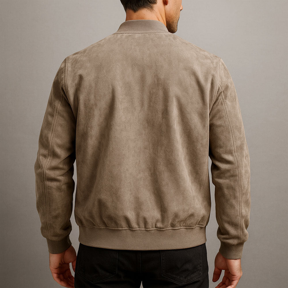 Men's brown faux suede trucker jacket with a structured shoulder silhouette