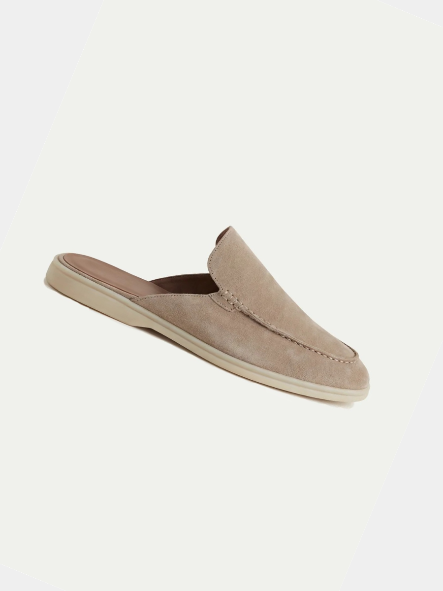 Men's beige faux suede backless loafer mules