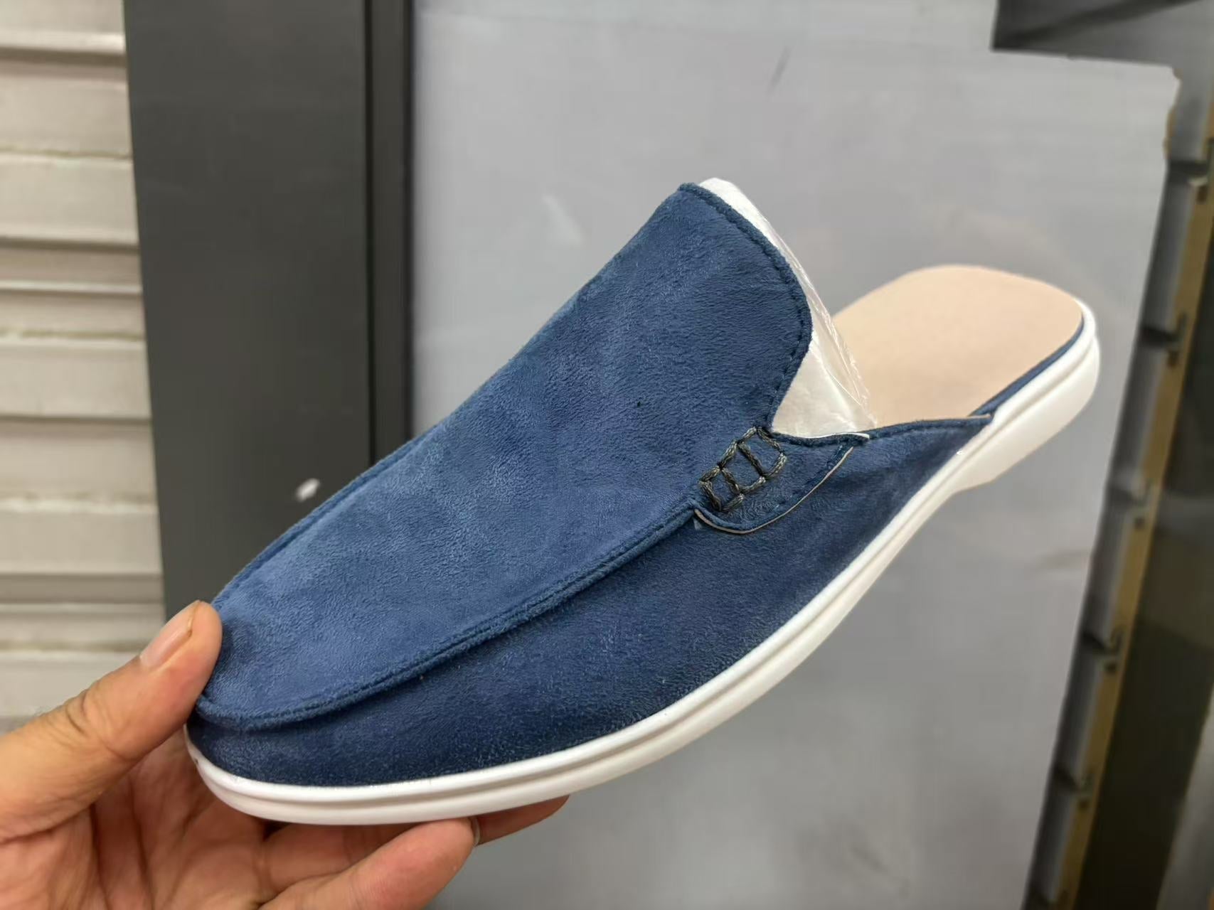 Men's beige faux suede backless loafer mules