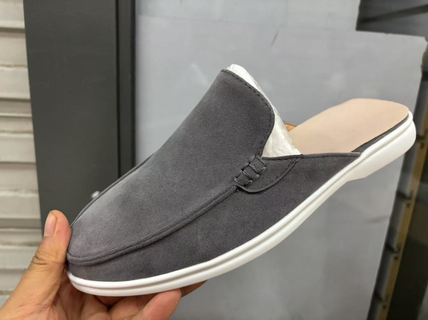 Men's beige faux suede backless loafer mules
