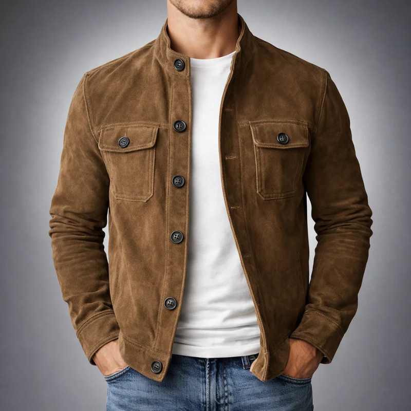 Military-inspired suede shirt jacket in brown, featuring chest flap pockets and a structured fit.