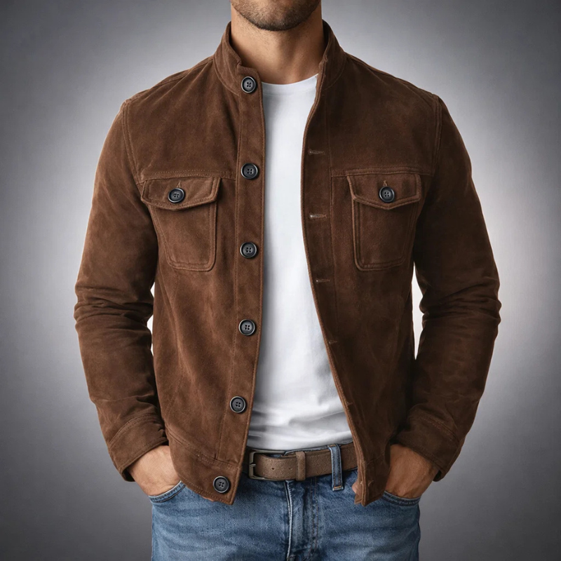 Military-inspired suede shirt jacket in dark brown, featuring chest flap pockets and a structured fit.