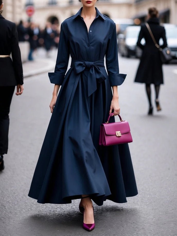 Women's purple maxi shirt dress with tie waist and long sleeves