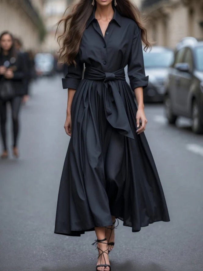 Women's purple maxi shirt dress with tie waist and long sleeves