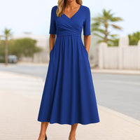 Women's Wrap-Style Midi Dress with Cross Front and Short Sleeves