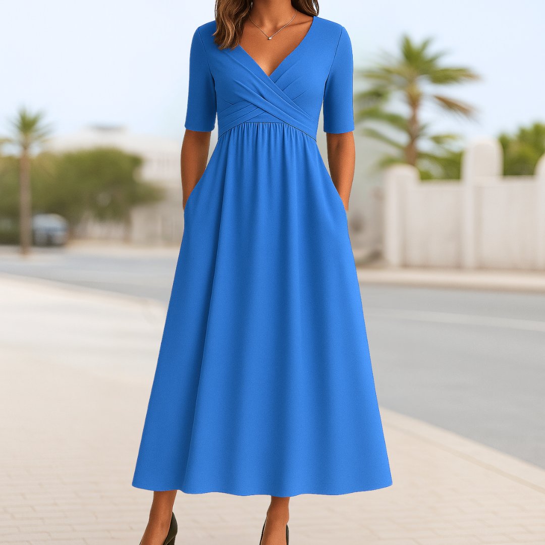 Women's red wrap-style midi dress with cross front and short sleeves
