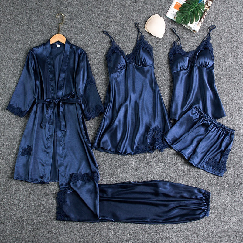 Women's blue satin pyjama set with lace detail