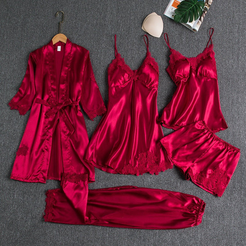 Women's blue satin pyjama set with lace detail