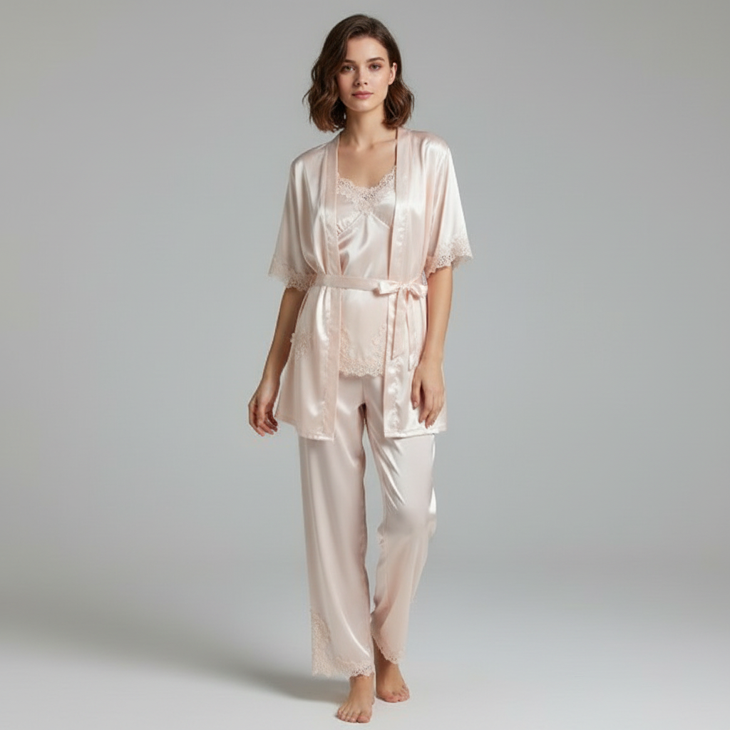 Women's blue satin pyjama set with lace detail