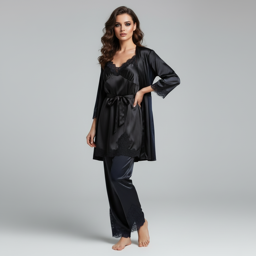 Women's red satin pyjama set with lace detail