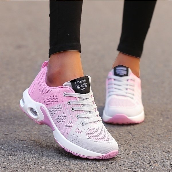 Women's black mesh walking trainers with cushioned sole and lace-up fit