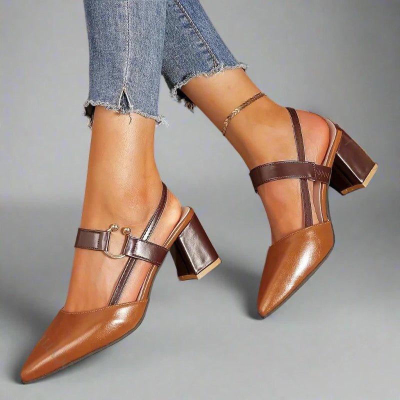 Women's brown pointed toe court shoes with T-bar strap and block heel