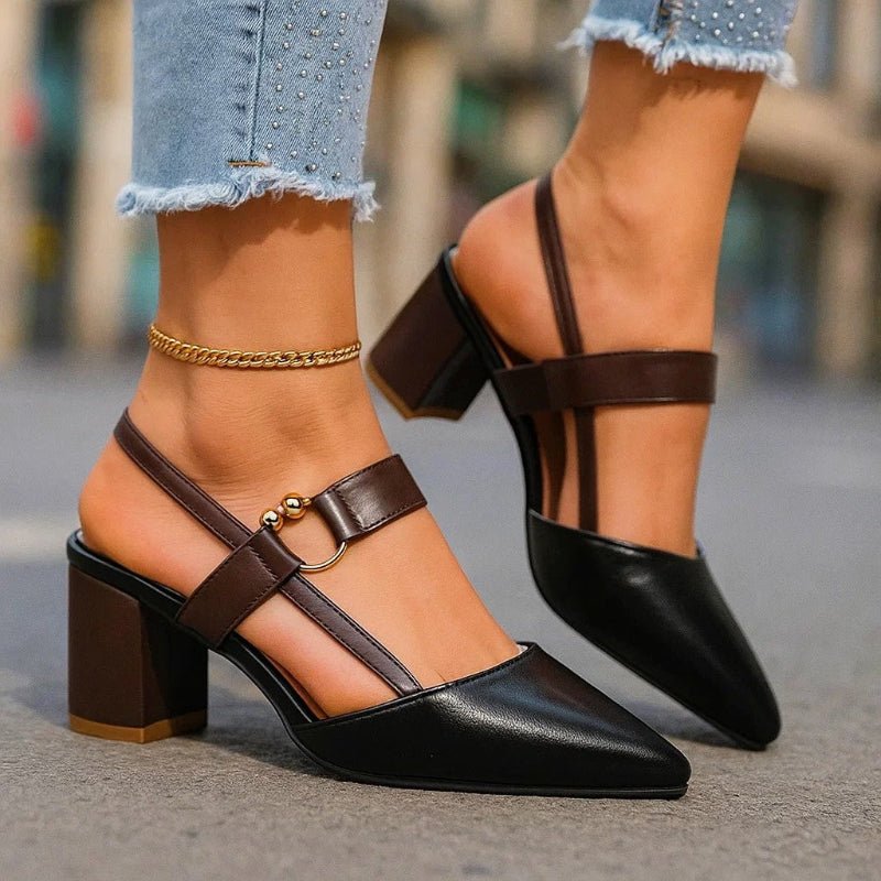 Women's brown pointed toe court shoes with T-bar strap and block heel