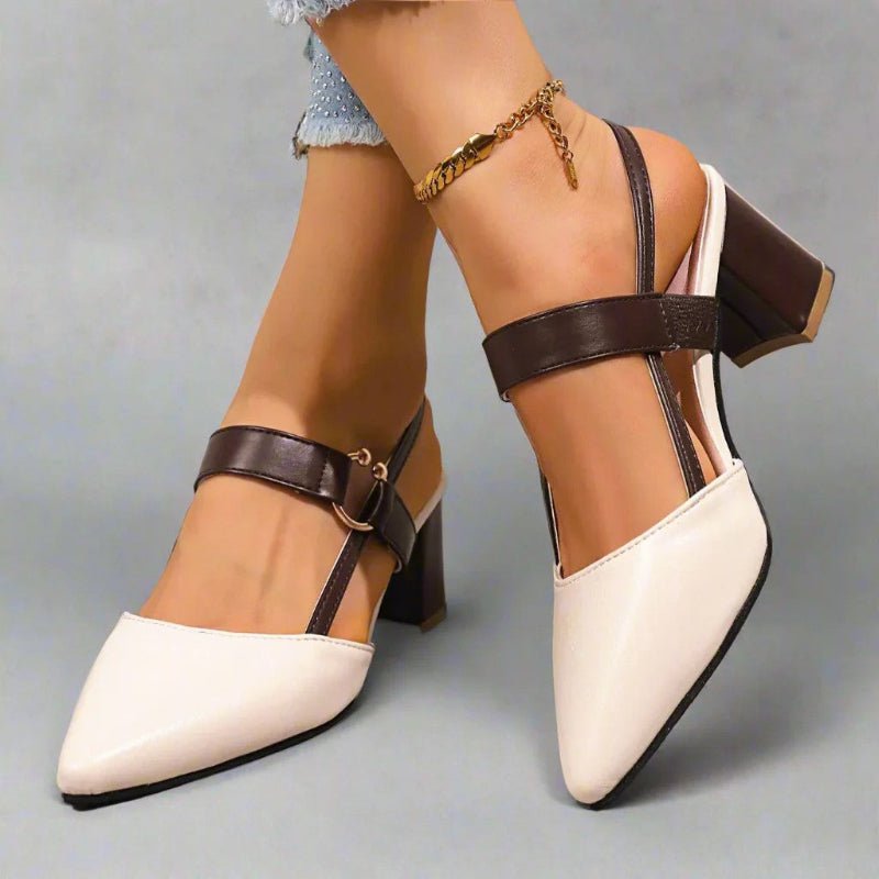 Women's brown pointed toe court shoes with T-bar strap and block heel