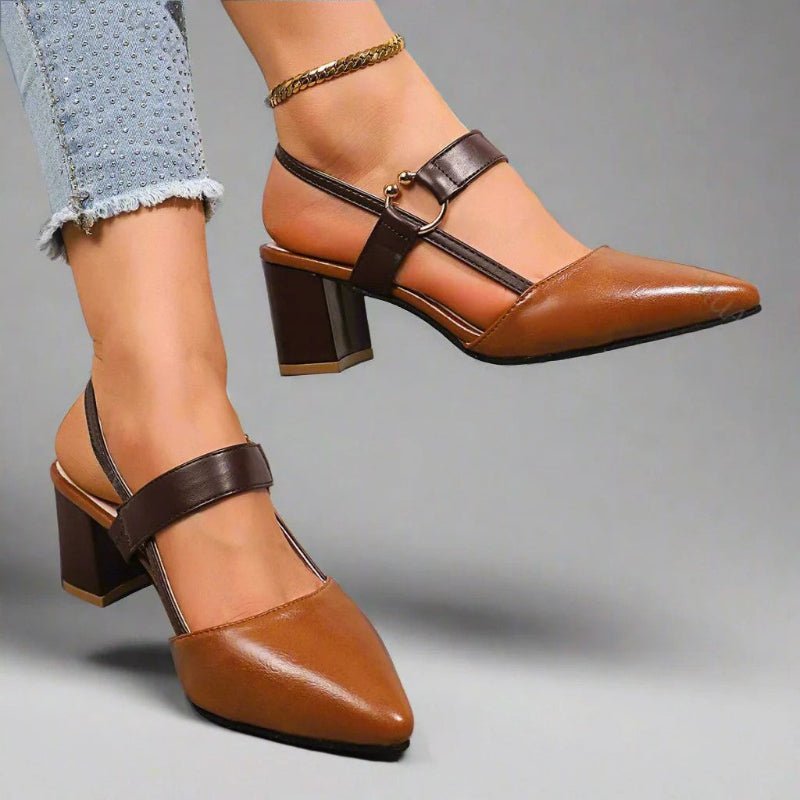 Women's brown pointed toe court shoes with T-bar strap and block heel