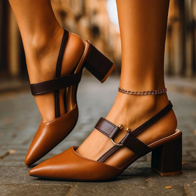 Women's brown pointed toe court shoes with T-bar strap and block heel