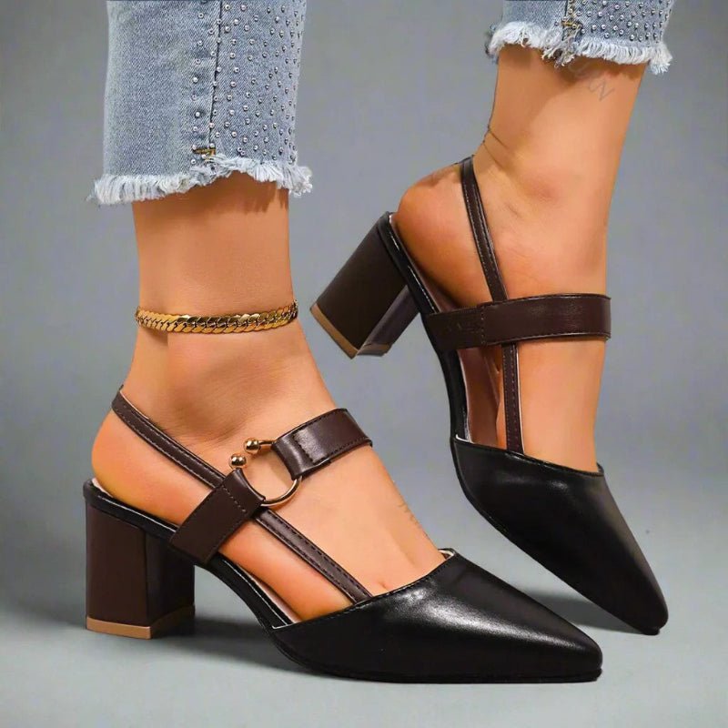 Women's brown pointed toe court shoes with T-bar strap and block heel