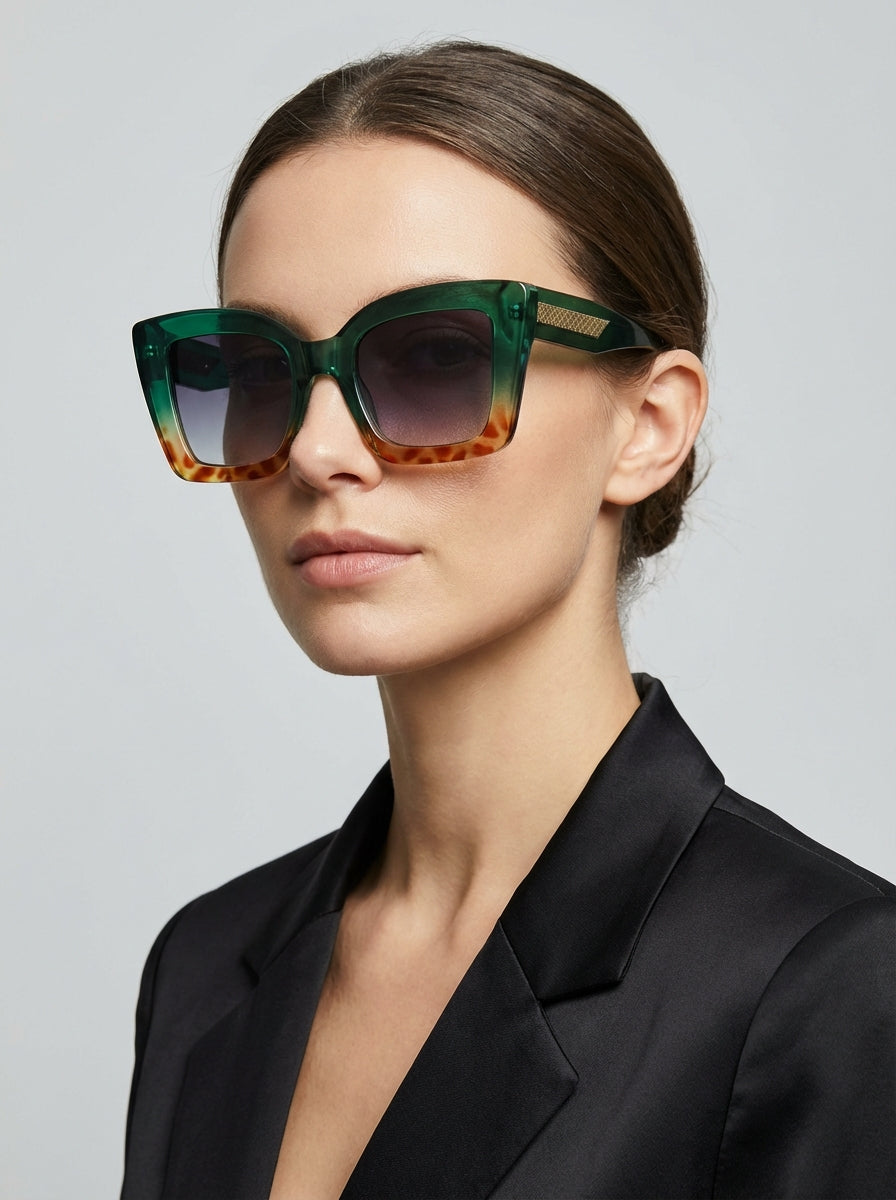 Women's green oversized square sunglasses with tortoiseshell frame