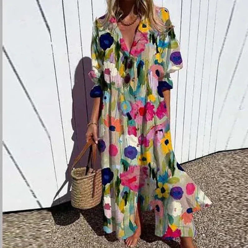 Women's multi boho floral maxi dress with long sleeves