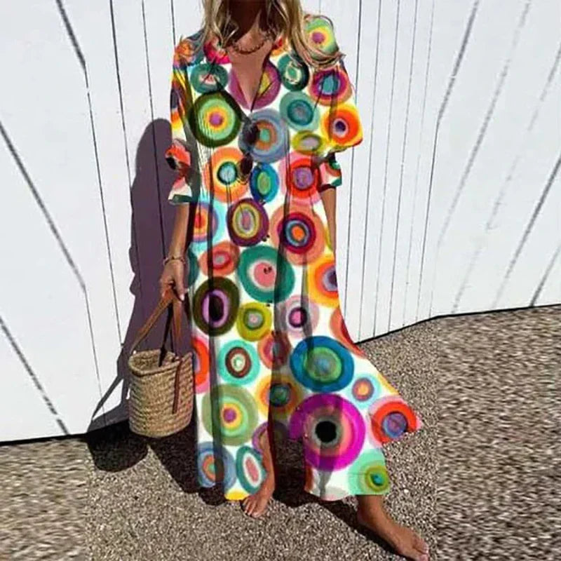 Women's multi boho floral maxi dress with long sleeves