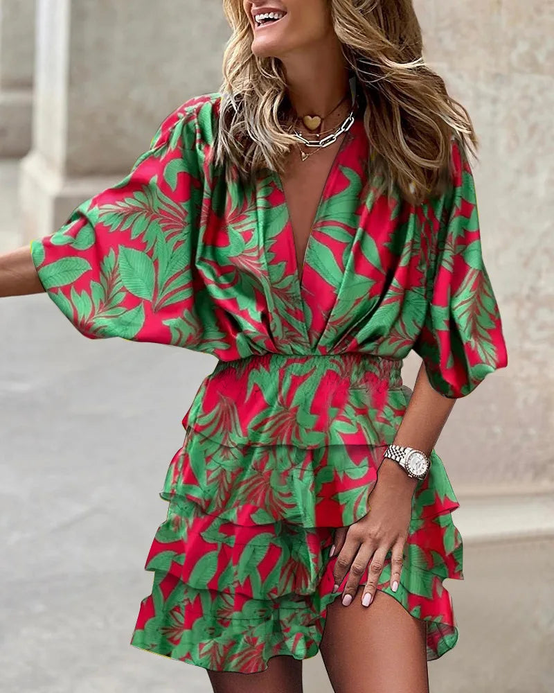 Women's yellow boho ruffle mini dress with a printed design