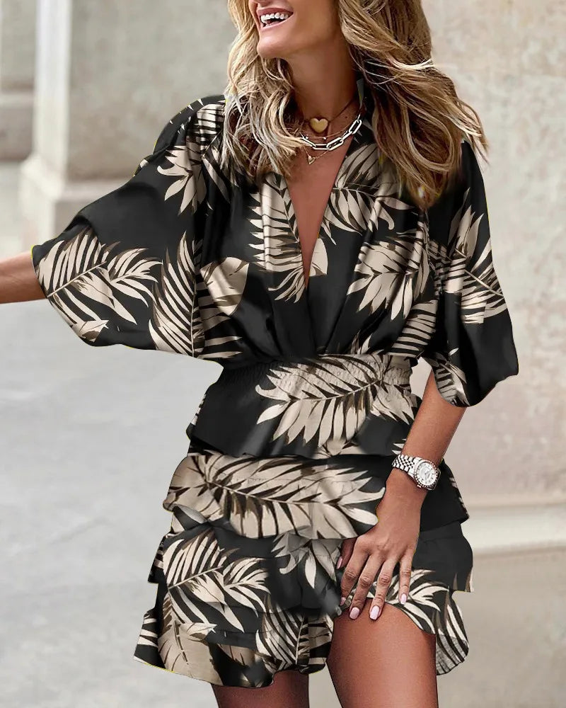 Women's green boho ruffle mini dress with a printed design