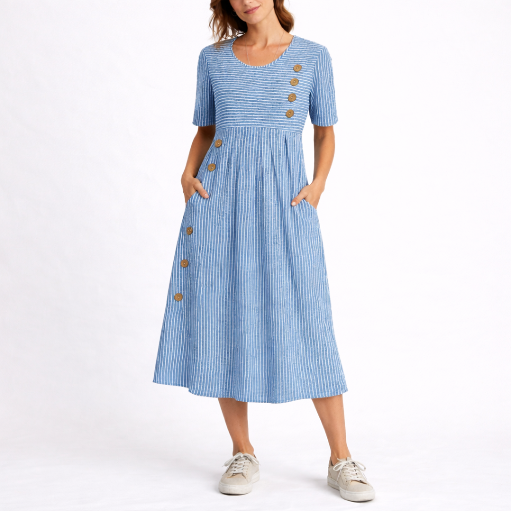 Women's blue striped midi dress for summer