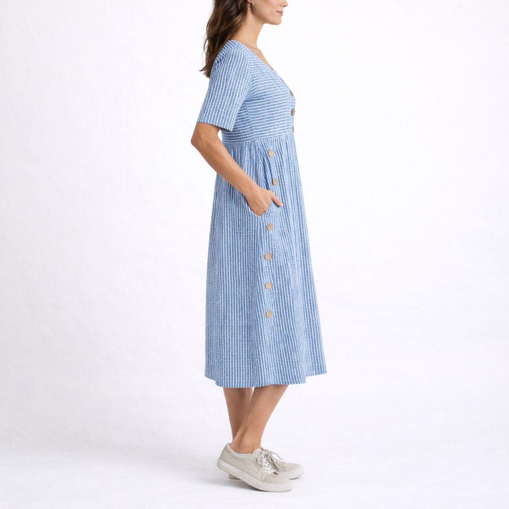 Women's blue striped midi dress for summer