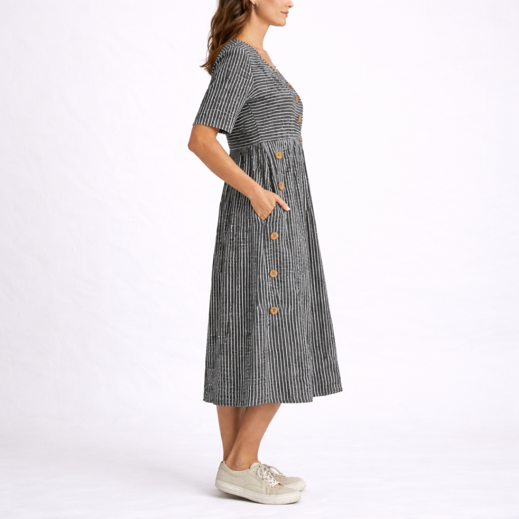 Women's beige striped midi dress for summer