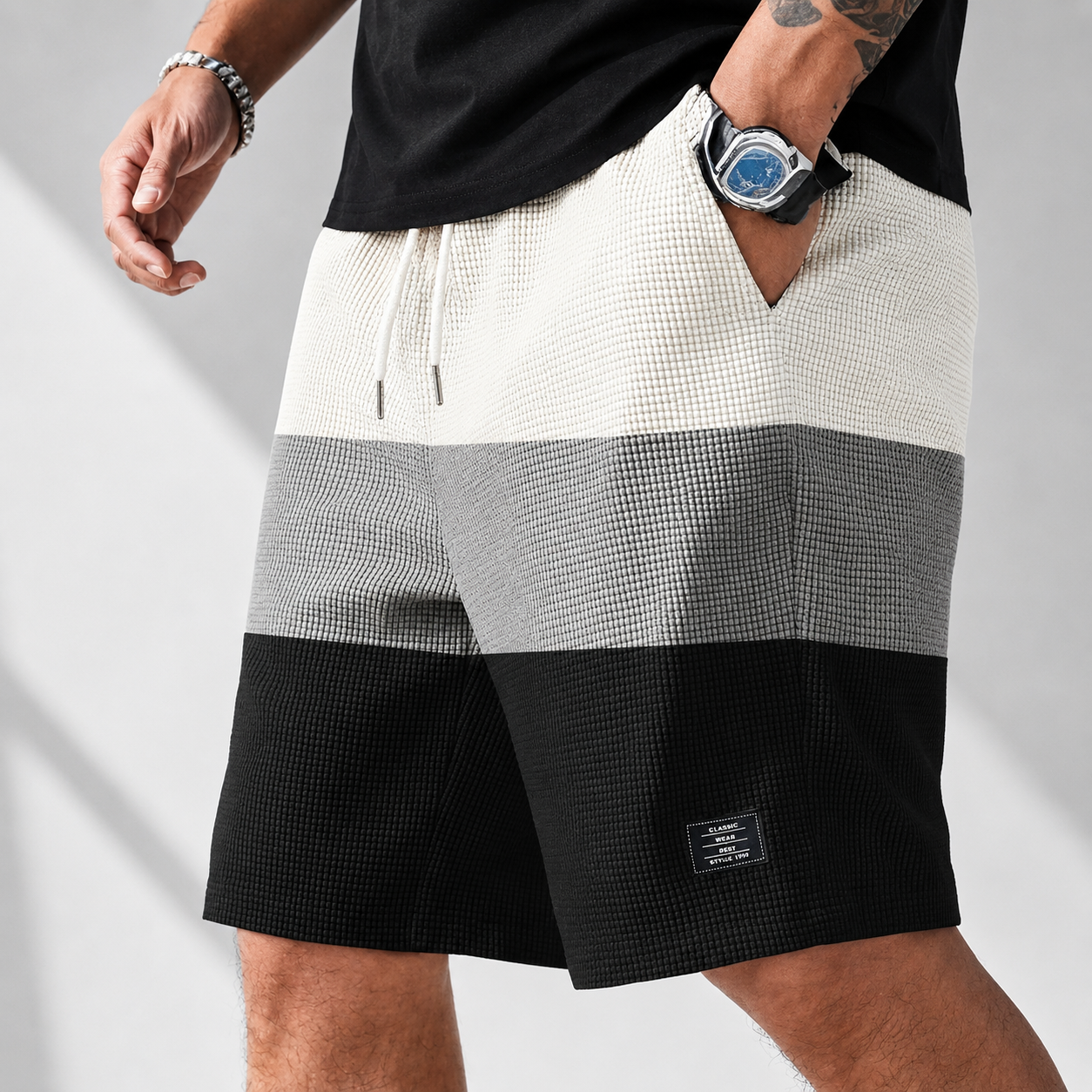Men's white textured corduroy drawstring shorts