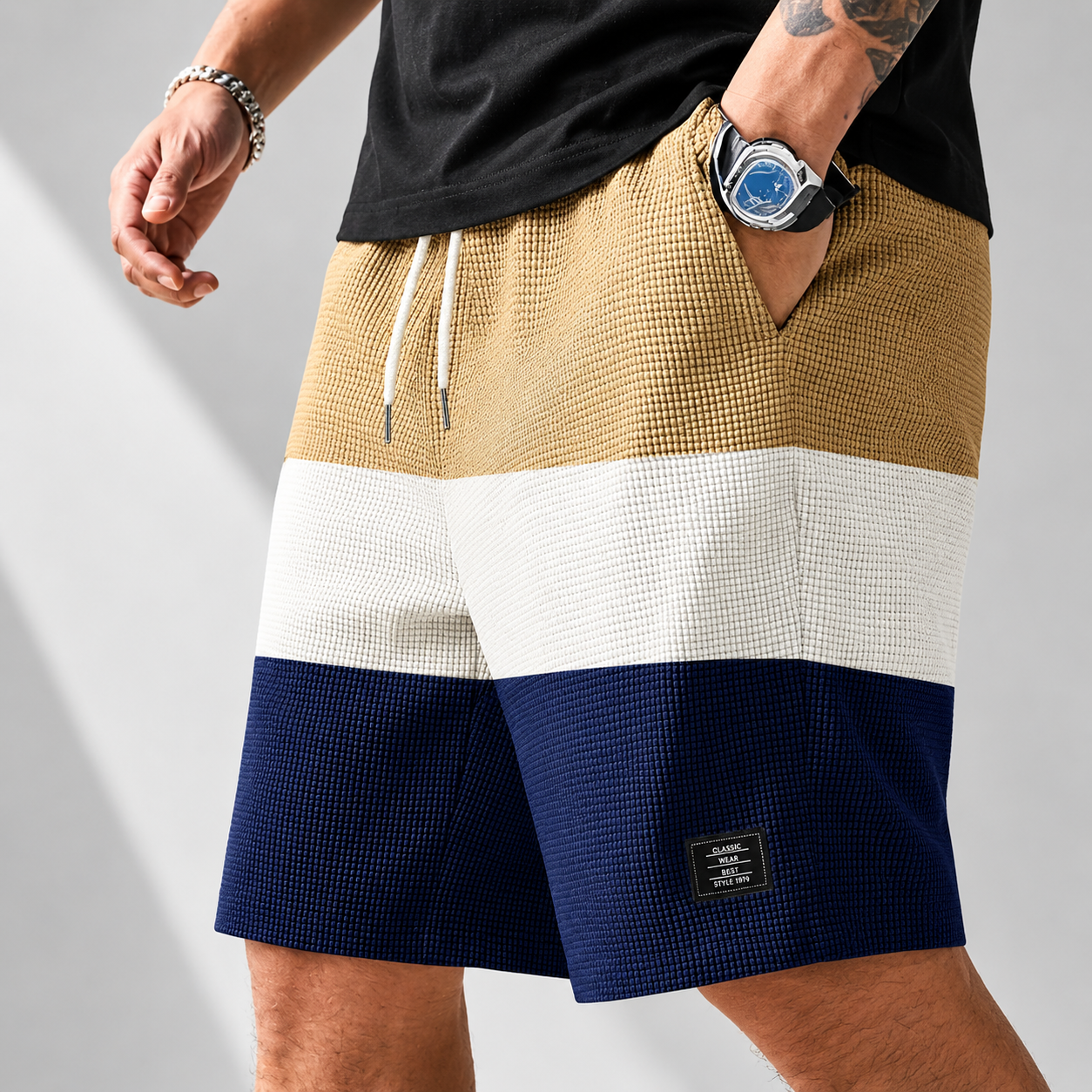 Men's white textured corduroy drawstring shorts
