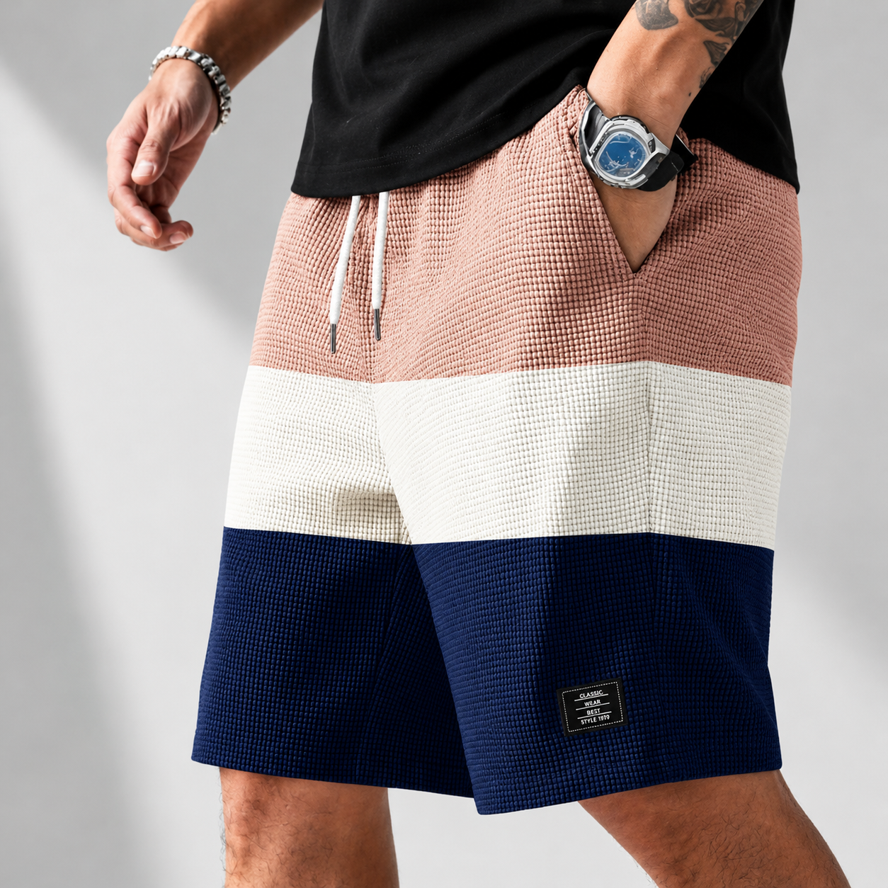 Men's white textured corduroy drawstring shorts