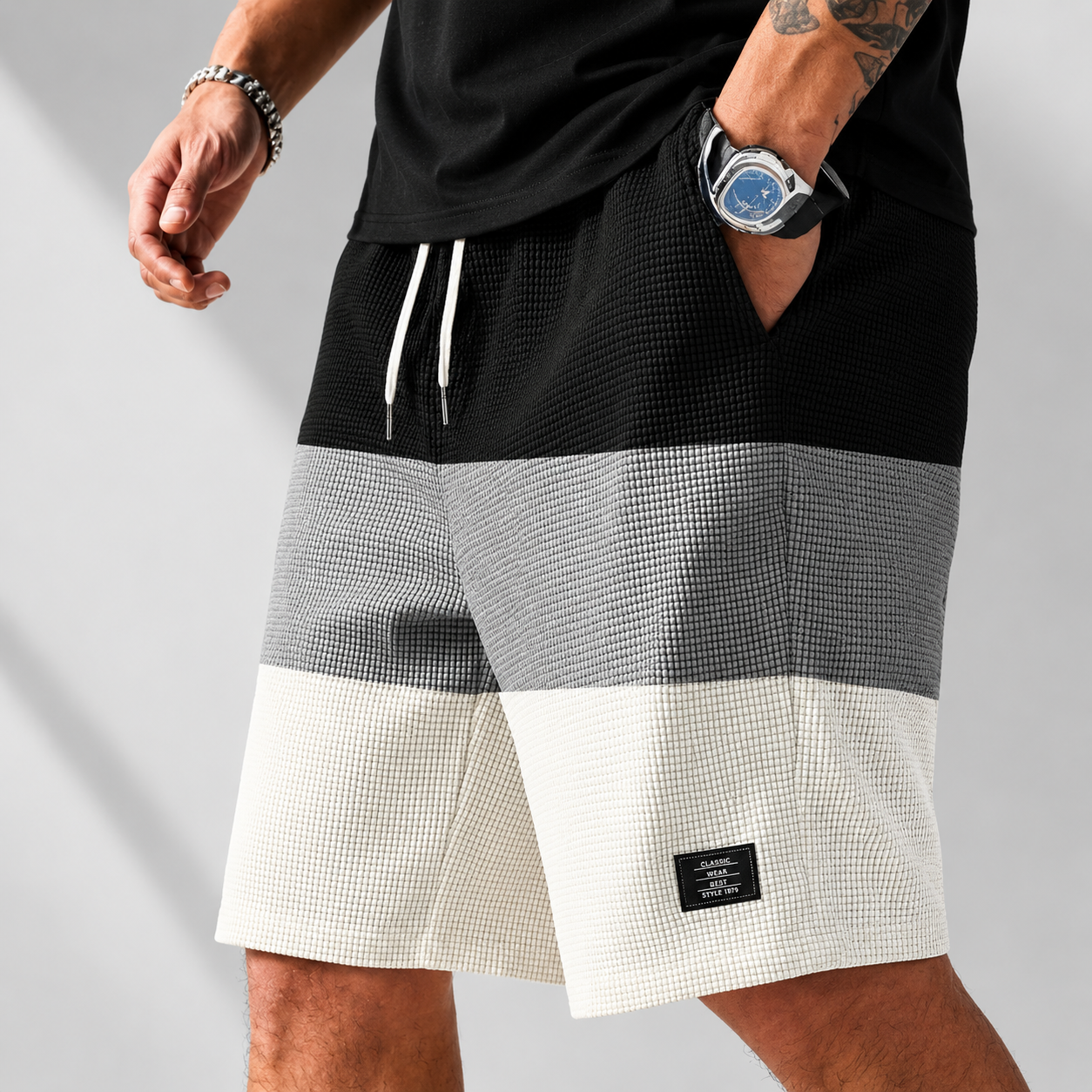 Men's white textured corduroy drawstring shorts