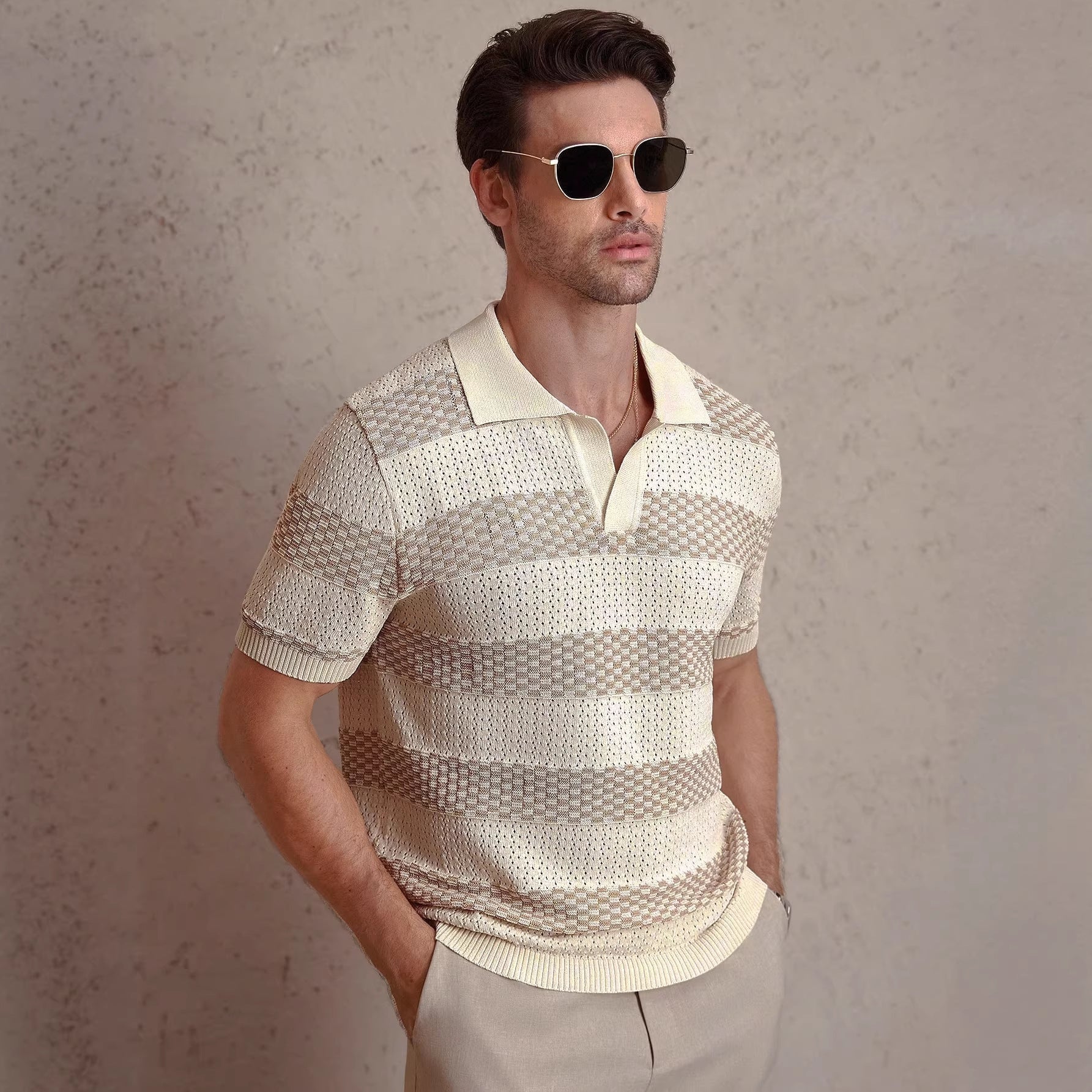 Men's beige textured stripe open collar shirt